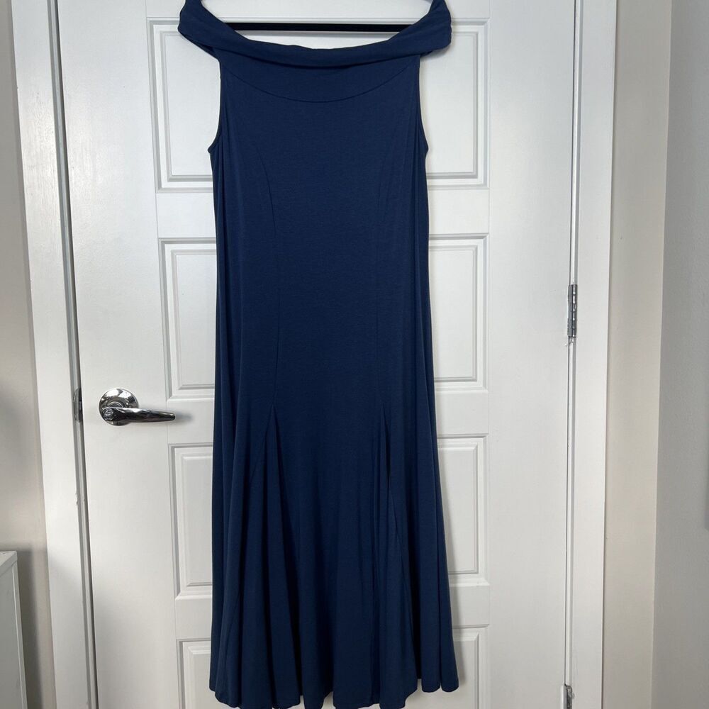 Chalet Bamboo & Cotton Off Shoulder Navy Blue Midi Dress Size Medium USA Made